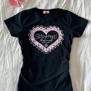 Black Short Sleeve Tee with Pink Heart Lace Graphic